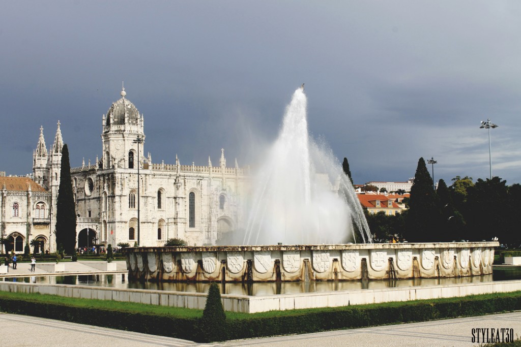Fountain and Jeronimos Monastery, Lisbon, Portugal